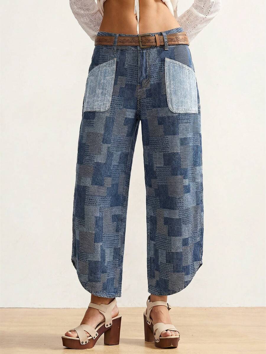Bohemela Quần jeans nữ dáng rộng, phối màu jacquard, màu xanh dương. - Rửa trung bình - Xem 1