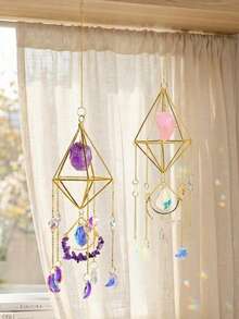 Cirelle 1pc Crystal Suncatcher With Raw Stones, Amethyst & Fluorite Hanging Prism, Geometric Gold Metal Rainbow Maker For Window, Garden & Home Decor - various - View 4