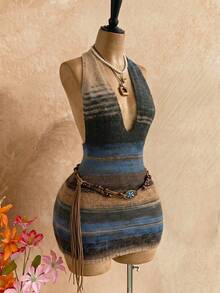 SaltGleam SaltGleam Women's Contrast Color Deep V Sexy Fashion Halter Knit Dress Golf Pastal Summer - Multicolor - View 3