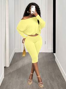 BamGleam Bộ đồ gợi cảm gồm áo crop top tay dài tay, cổ bất đối xứng, eo thon và quần dài. - Vàng nhạt - Xem 7