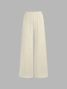 SHEIN Sweetro Bộ đồ nữ phong cách Bohemian màu mơ gồm áo hai dây cổ chữ V, dây mảnh đính sequin hình vỏ sò và quần ống rộng thoải mái, đa năng, thích hợp cho mùa xuân/hè. - Màu be - Xem 5