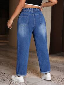 SHEIN ICON 大码女式带口袋纽扣休闲百搭日常牛仔裤 - 中等水洗藍 - 查看 2