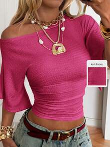 SHEIN EZwear Women's Solid Color Ruched Asymmetric Neck Knit Top,Summer Top - Hot Pink - View 8
