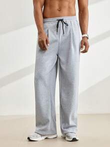 男士抽绳腰带口袋阔腿宽松休闲运动裤 - 淺灰色 - 查看 4