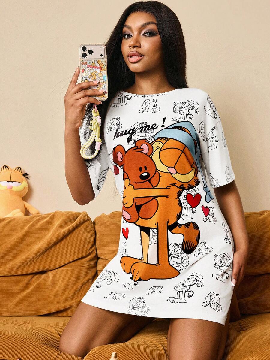 GARFIELD | SHEIN 女士休闲可爱卡通字母印花宽松夏季睡裙 - 白色 - 查看 1