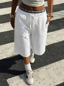 Muchica Women's Knit Casual Streetwear Sporty Bermuda Shorts, Spring/Summer City Break White And Blue Holiday Daily Club - White - View 4