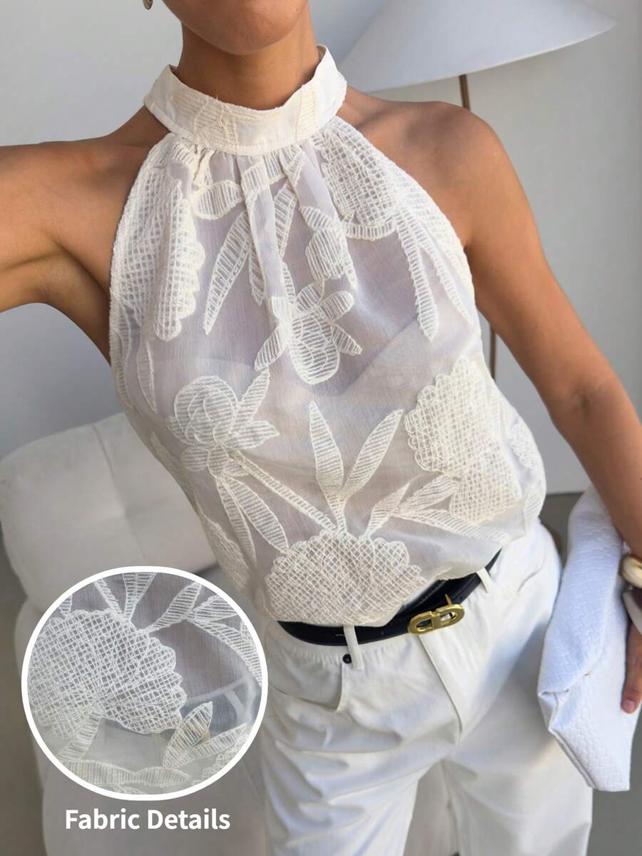 Lavishia 女款夏季優雅白色花卉刺繡掛脖奢華清爽上衣,適合婚禮賓客、母親節、婚禮、海灘度假 - 米色 - 查看 1