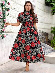 Miaspire Plus Size Women Elegant Floral Print Ruffle Sleeve Maxi Dress,Zanzea Summer Black And Red Wedding Bridal Dress,Casual Short Sleeve Midi Dresses - Multicolor - View 4