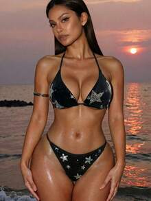 SHEIN Swim Contrast Color Star Sequin Halter Bikini Top, Sexy Micro Triangle For Summer Beach Vacation - Black and White - View 2