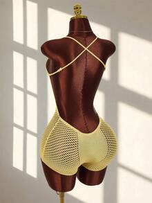 Amplova Women's Spaghetti Strap Backless Jumpsuit With Deep V Neck, Suitable For Vacation Outfit, Cute & Mini - Yellow - View 2