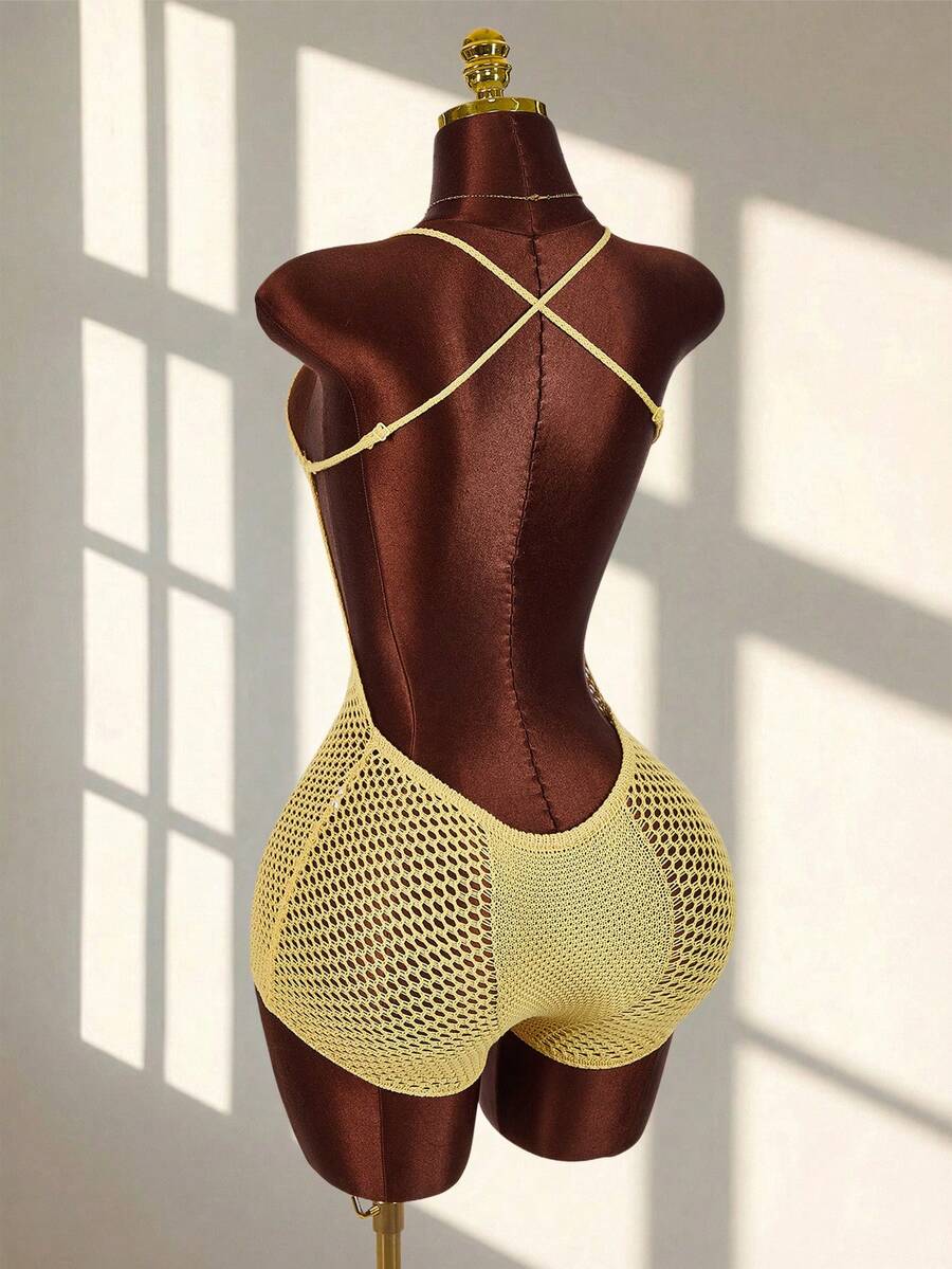 Amplova 女士吊带露背深V领连体裤，适合度假穿着，可爱又迷你 - 黃色 - 查看 1