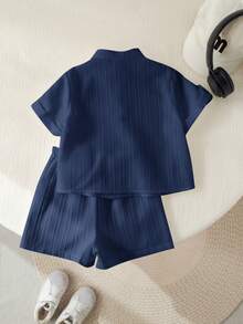 SHEIN 2pcs Baby Boy Casual Cute Vacation Style White Short Sleeve Shirt And Shorts Set, Suitable For Spring/Summer - Navy Blue - View 2
