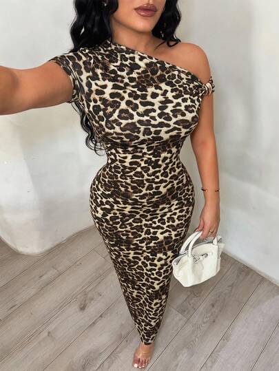 SHEIN SXY Women's Leopard Print Asymmetric Shoulder Elegant Waist Cinched Party Dress