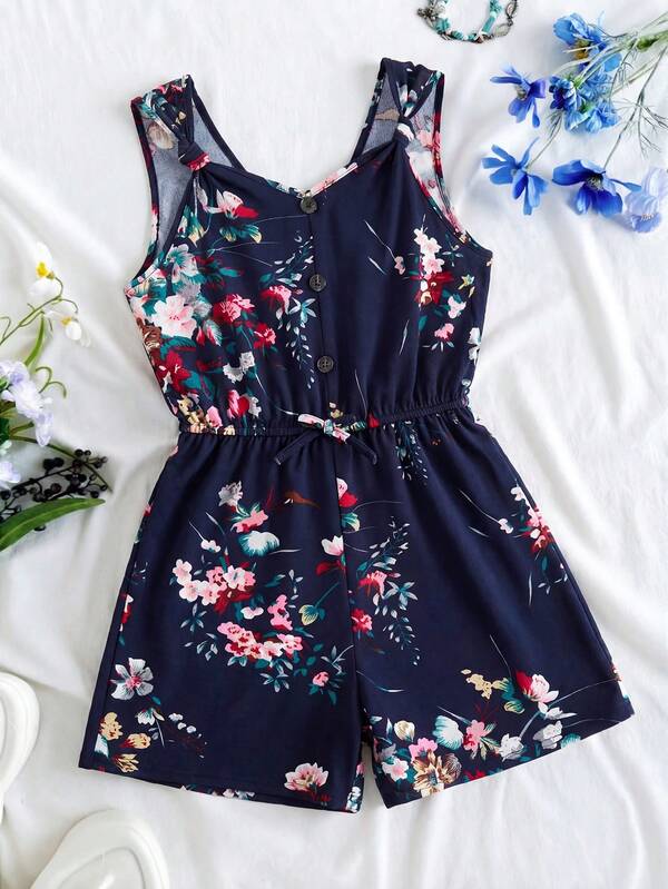 Emery Rose Kids Emery Rose Kids Bộ áo liền quần dáng vest xoắn cho bé gái tuổi teen, có cúc cài phía trước, được trang trí bằng chất liệu dệt họa tiết, thích hợp cho các chuyến đi chơi mùa xuân, phong cách đồng quê, tiệc trà chiều trong vườn, các hoạt động thường ngày.