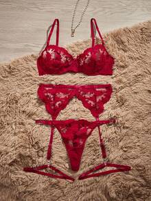 HautHeat 5件套女士刺绣网眼性感内衣套装，适合外出穿着 - 酒紅色 - 查看 1