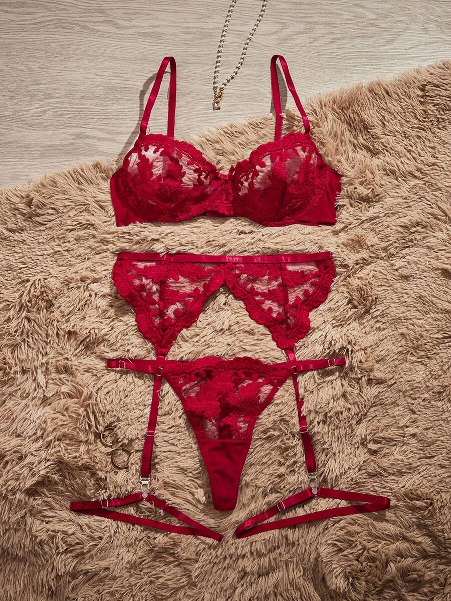 HautHeat 5件套女士刺绣网眼性感内衣套装，适合外出穿着 - 酒紅色 - 查看 1