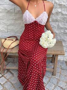 Sunnyshic Đầm maxi nữ màu đen chấm bi phối ren, cổ chữ V, hở lưng, buộc eo, thích hợp cho mùa xuân/hè, thanh lịch cho kỳ nghỉ/hẹn hò/đám cưới, phong cách tối giản mặc hàng ngày. - Màu Đỏ Sâu - Xem 6