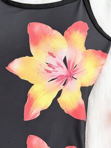 SHEIN Traje de baño de una pieza con estampado floral para niña preadolescente, adecuado para vacaciones en la playa, fiestas en la piscina y fiestas en la playa - Negro - Ver 6