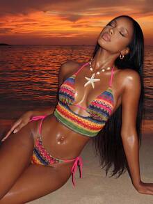 Slaydiva 新款春夏纹理针织性感抽绳沙滩度假吊带上衣和阔腿裤两件套泳衣套装（女款） - 彩色 - 查看 6