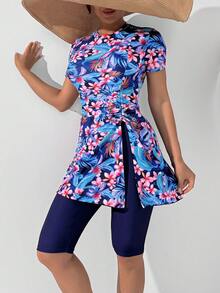 Swim Mulvari Đồ bơi Burkini tay ngắn, xếp ly, họa tiết hoa nhiệt đới ngẫu nhiên, có dây rút, dành cho nữ, thích hợp cho kỳ nghỉ hè ở bãi biển. - Nhiều màu - Xem 4
