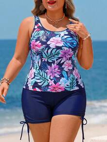 Swim Lushoire Plus Size Tropical Leaf Print Floral Trim Sexy Tankini Swimwear For Women - Navy Blue - View 3