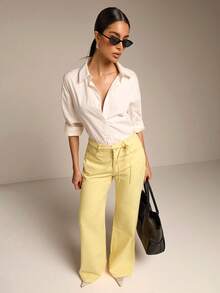COSMINA Denim Quần jeans nữ ống đứng cạp cao màu vàng nhạt thanh lịch, đa năng, phù hợp cho hẹn hò, đi làm, công sở, và mặc thường ngày trong kỳ nghỉ xuân. - Vàng nhạt - Xem 4
