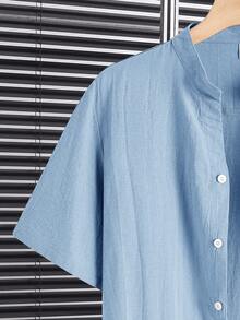 SHEIN Ensemble 2 pièces chemise à manches courtes et pantalon pour adolescents, col montant, décontracté, ample, polyvalent et confortable, rapport qualité-prix intéressant - Bleu ciel - Voir 3