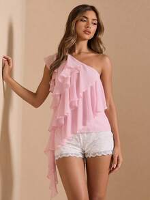 SHEIN BAE Débardeur élégant et doux à volants asymétriques sans manches rose unicolore, convenant pour les rendez-vous romantiques, les fêtes, les réunions formelles, les demoiselles d'honneur, les hauts à volants d'été, le thé, le Nouvel An, la Saint-Valentin, les anniversaires, le Top rose - Rose bonbon - Voir 7