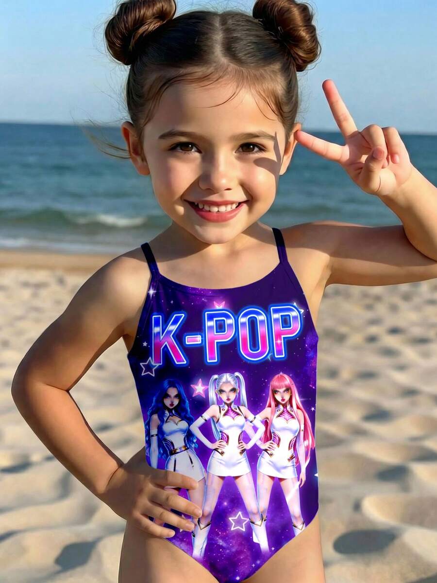 SHEIN 少女夏季海滩度假 K-Pop 卡通女团星空印花连体泳衣 - 彩色 - 查看 1