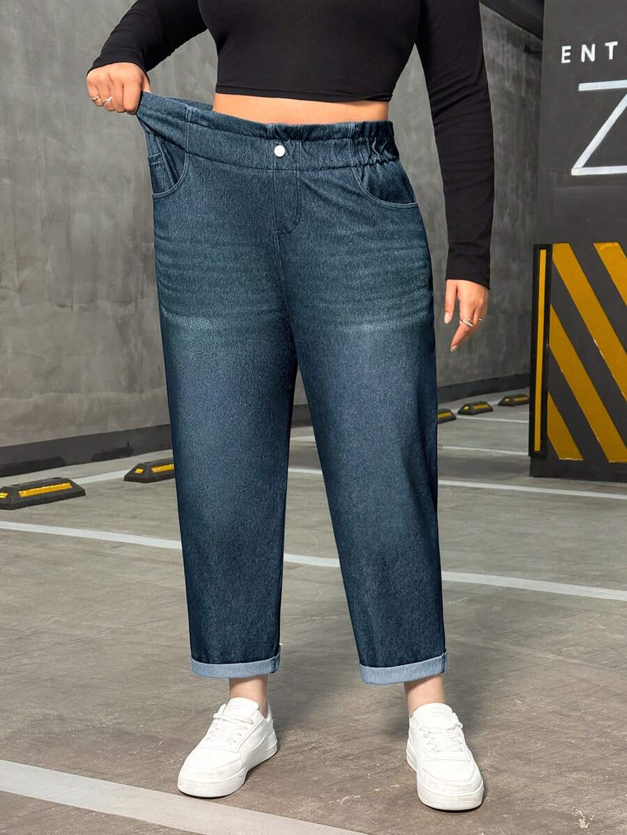 SHEIN Unity 大码女式带口袋纽扣休闲百搭日常牛仔裤 - 霧霾藍 - 查看 1