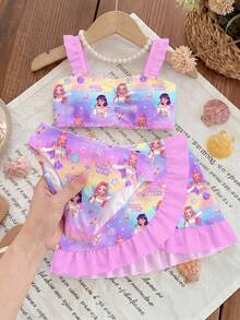 SHEIN K-Pop 超级巨星印花少女泳装，荷叶边装饰，三件套儿童泳装，沙滩度假写真套装 - 彩色 - 查看 4