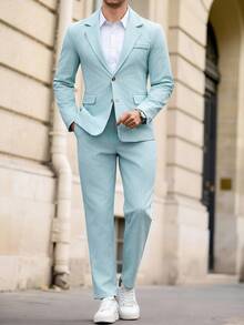 Manfinity Mode Setelan Jas Bisnis Kasual Pria Warna Biru Muda Musim Panas, Blazer Kain Bertekstur, Jas Wisuda Pernikahan Gaya Amerika, Gaya Klasik untuk Prom, Pesta, Vintage - Biru - View 4