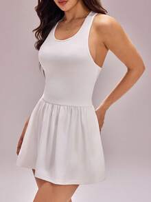 With My Calm With My Calm Women's Solid Color Backless Casual Fitness Sports Dress - White - View 4