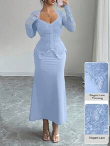 Modelyn Square Neck Lace Patchwork Button Waist Fitted Plus Size Dress For Women Fall - Blue - View 3