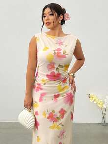 Firerie Plus Size Women's Elegant White Summer Floral Maxi Dress Wedding Guest Vacation Party Tea Graduation Fitted Sleeveless Mesh V-Neck Ruffle - Multicolor - View 4