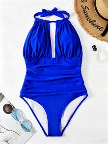 SHEIN Swim Áo tắm liền thân mùa hè dành cho nữ, màu trơn, xếp ly, hở lưng, buộc dây phía trước. - Xanh đậm - Xem 2