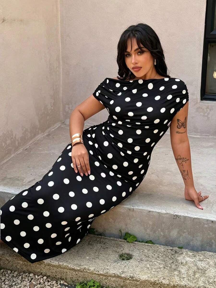 Plus Size Elegant Asymmetrical Shoulder Polka Dot Dress, Spring/Summer - Black and White - View 1