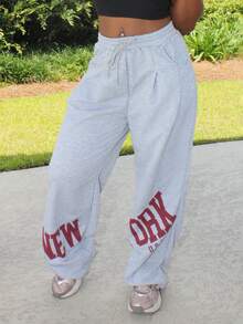 夏季女式音乐会街头风 Y2K 休闲日常运动装灰色健身印花阔腿裤 - 灰色 - 查看 4