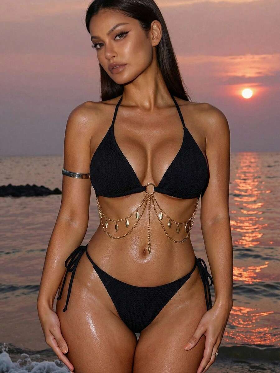 Swim SXY Bộ bikini dây buộc cổ màu trơn dành cho nữ Bộ bikini gợi cảm, đồ bơi đi biển mùa hè - màu đen - Xem 1