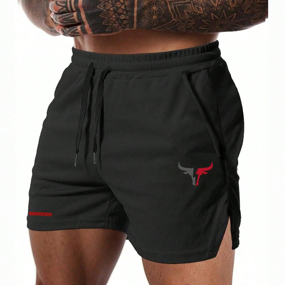 Pantalones cortos deportivos con estampado de toro, cintura con cordón y bolsillo con cremallera, para gimnasio