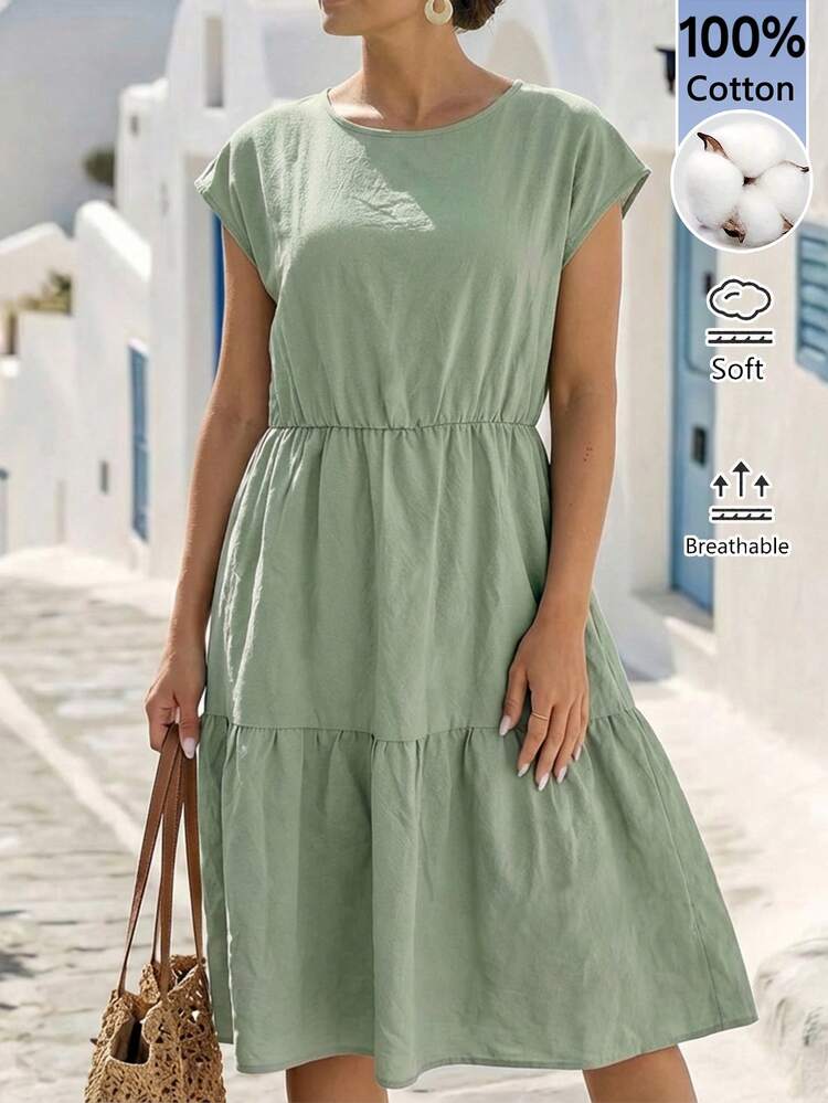Women's Versatile Solid Color Ruffle Hem Cap Sleeve Dress