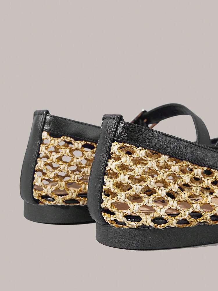 Styleloop Women's Shoes Women's Flat Shoes, Holiday Style, Wear, Women's Weaving Details, Fashionable Hollow, One-Word Buckle Design, Shallow Mouth Round Head, Comfortable, Suitable For Going Out, Christmas Holiday Travel Must, Holiday Atmosphere, Summer Wear, Travel Must - Graphite Black - View 3