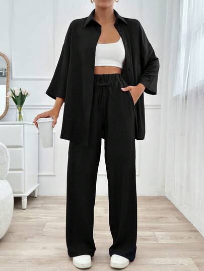 SHEIN Tall Damen Große Größen Lässig Einfarbig Zwei-Teiler Hose und Top für den Alltag