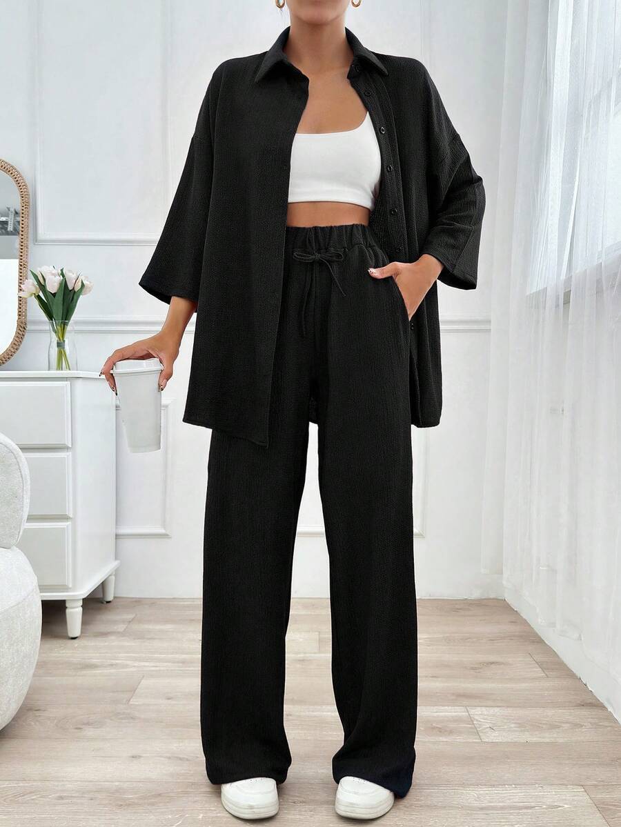 SHEIN Tall Tall Size Women Casual Soid Color Two Pieces Pant And Top For Everyday Wear - Black - View 1