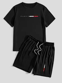 Sorvial Men's Casual Letter Print T-Shirt And Shorts Set For Summer Men's Two Pieces Casual - Black - View 2