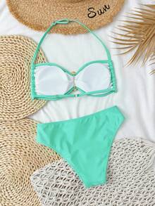 SHEIN 夏季新款少女泳装套装，简约个性百搭比基尼两件套，适合海滩泳池休闲度假，春夏款 - 綠色 - 查看 2