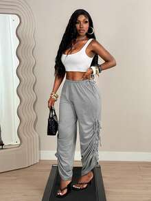 Mistrie Summer Grey High-Waisted Side Tie Wide Leg Pants, Loose Drawstring Casual Sports Trousers - Grey - View 6