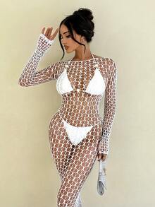 Vestido largo de manga larga romántico y hueco para mujer, nuevo 2026 - Blanco - Ver 6