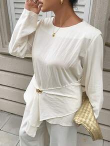 Dazy Plus Textured Waist-Cinching Elegant Commuter Gold Decor Long Sleeve White Blouse, Plus Size, Spring/Summer Resort Style - White - View 7
