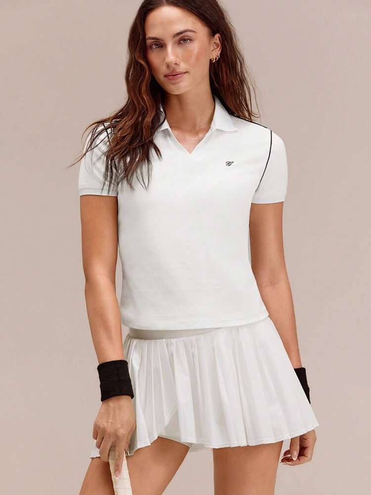 Cotton Pique Glow Match Hip Length Slim Fit Front Logo Contrast Piping Knit Flat Collar Polo Tee Tennis Golf Pickleball Daily Casual Wear